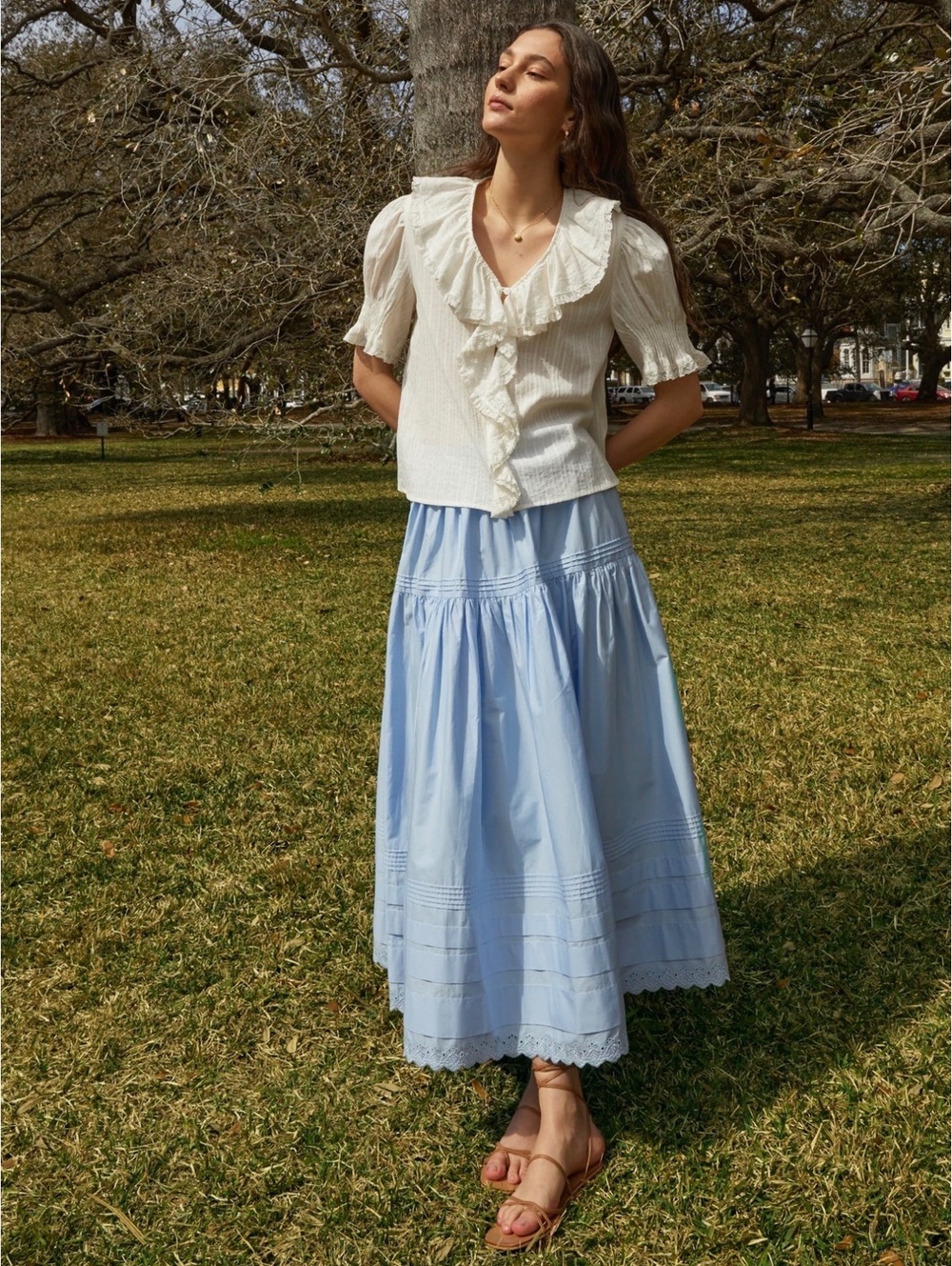 o.p.t by Few Moda Beth Cotton Floaty Maxi Skirt Lace Trim Size 6 Light Blue